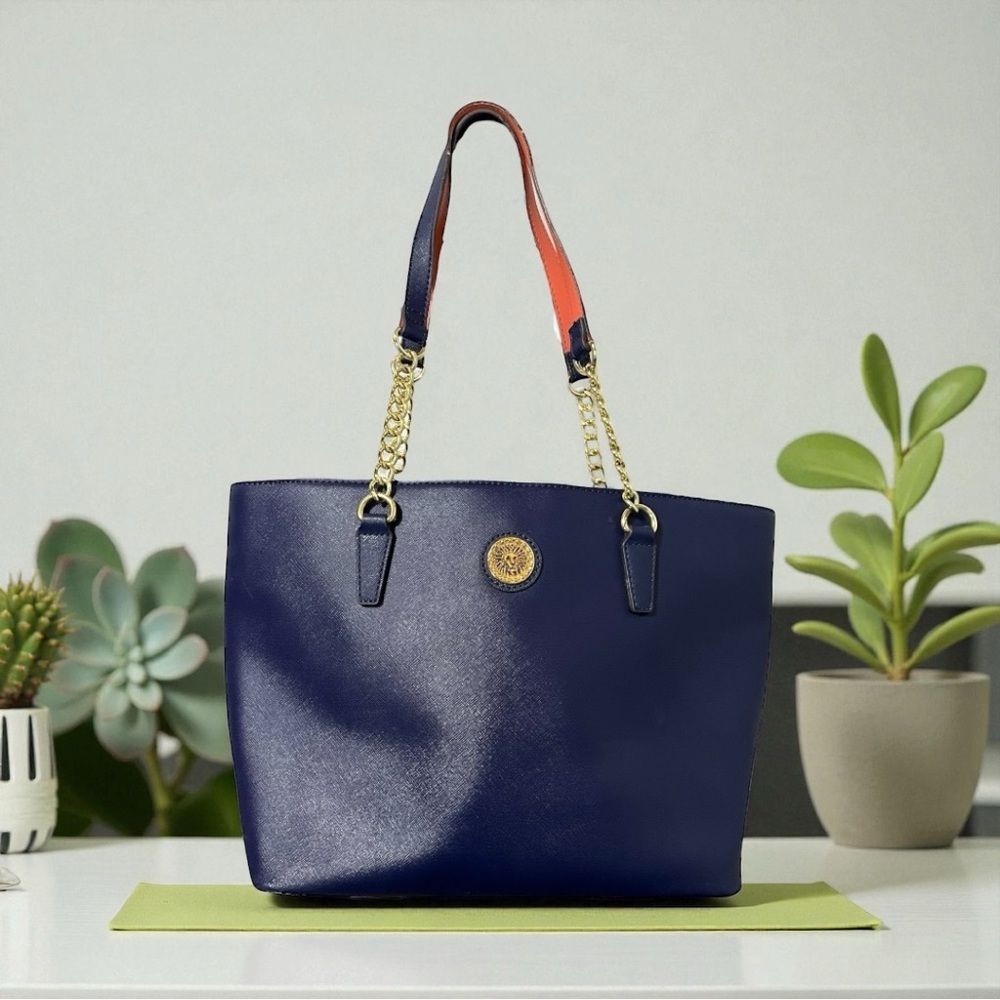 Anne Klein dark blue faux leather tote bag purse with a gold chain strap detail